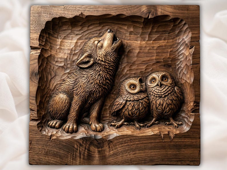 Howling Wolf & Owls 3D Relief STL