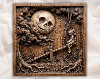 Nightmare Moon Girl Seesaw CNC Relief STL | Whimsical Dark Fantasy Wall Art | Gothic Wood Carving Design | VCarve ArtCAM
