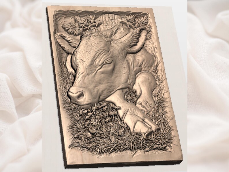 May include: A wooden relief carving of a cow's head and forelegs resting in grass and foliage. The cow's eyes are closed, and the carving is set within a rectangular frame. The relief is in shades of brown.