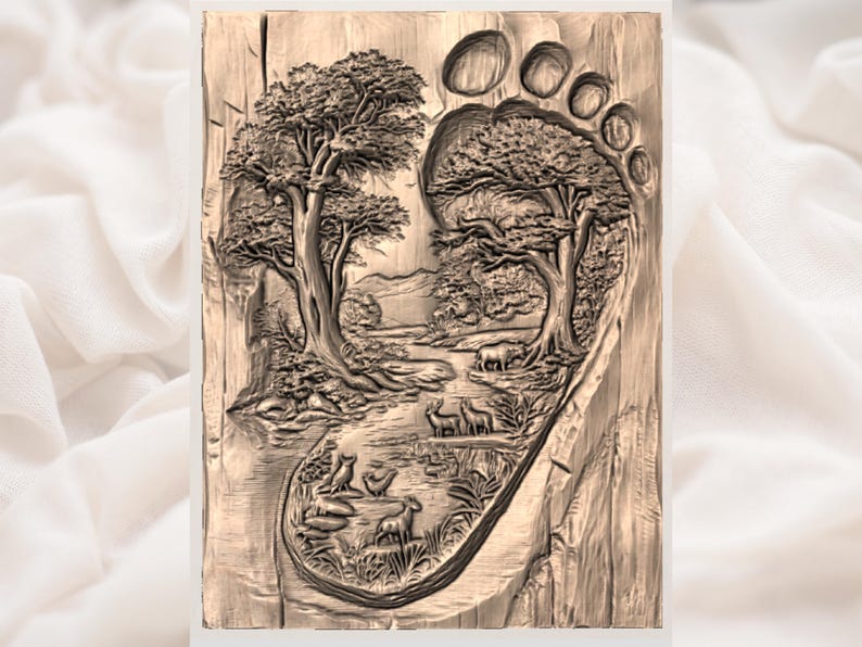 May include: A detailed, brown wooden carving of a foot, with a nature scene carved inside. The scene includes trees, a river, and animals. The carving is set against a light background.