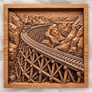 May include: A square wooden wall art piece featuring a detailed relief carving of a steam locomotive traveling across a high trestle bridge. The scene depicts the train navigating a curved track through a deep, rocky mountain canyon landscape.
