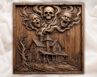 Haunted House Screaming Ghouls Horror CNC Relief STL | Gothic Wall Art Panel | Spooky Halloween Wood Carving Design
