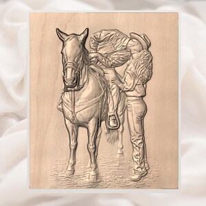 Cowgirl Kissing Horse 3D Relief STL view 3