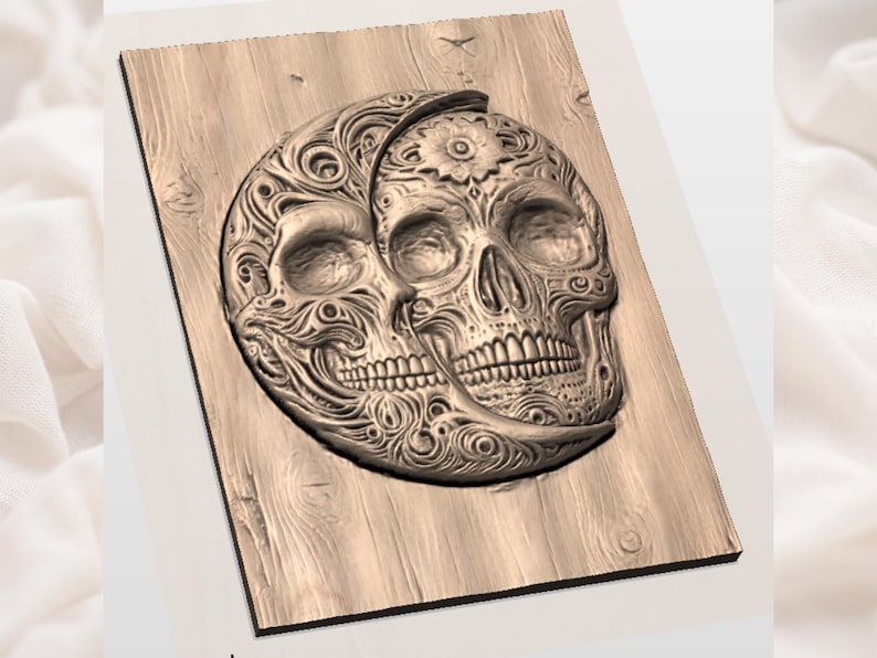 May include: A detailed wooden carving of two skulls intertwined, set against a light brown wood grain background. The skulls are intricately decorated with floral and swirling patterns, creating a unique decorative piece.