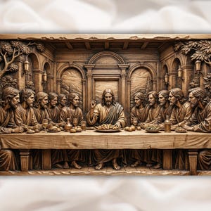 May include: A detailed wooden carving of the Last Supper. The artwork shows Jesus and his disciples seated around a long table, with intricate details in their robes and the surrounding architecture. The carving is in shades of brown.