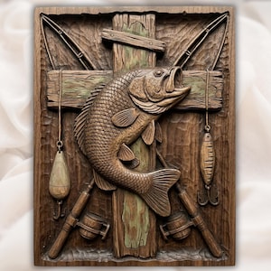 Bass Fishing Crossed Rods 3D Relief STL view 1