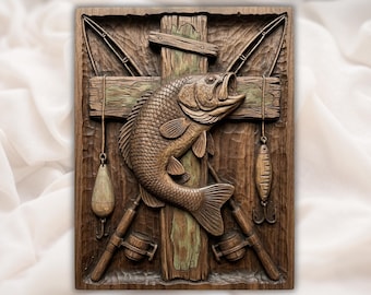 Wędki do połowu basów, skrzyżowane, 3D, relief, STL | Panel z rzeźbieniem w drewnie z motywem wędkarskim i sprzętem wędkarskim | Sztuka ścienna w jaskini człowieka | Tabliczka z przynętą i wędką w stylu vintage