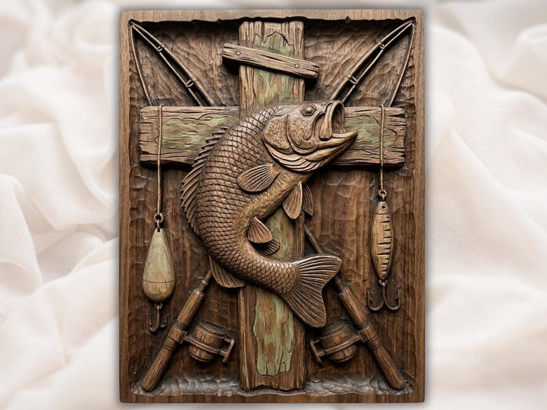 Bass Fishing Crossed Rods 3D Relief STL