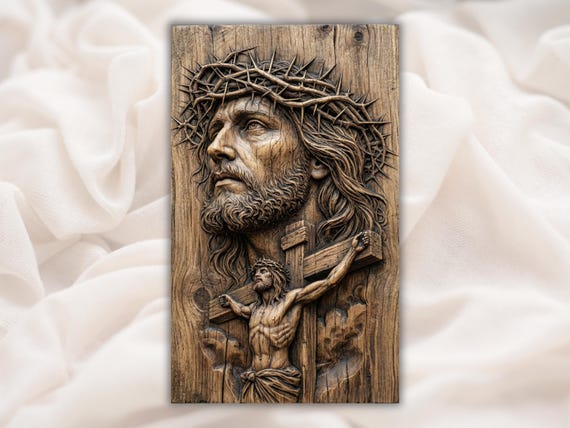 Face of Jesus Crucifixion 3D Relief STL | Crown of Thorns Cross Wood Grain Carving Panel | CNC Router, 3D Print, Laser | Home Decor