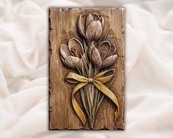 Reliëf krokusbloemen STL | 3D-snijmodel CNC-router | Boeket lentekrokus met lint houtnerf basreliëfpaneel | Gebloemde muurkunst