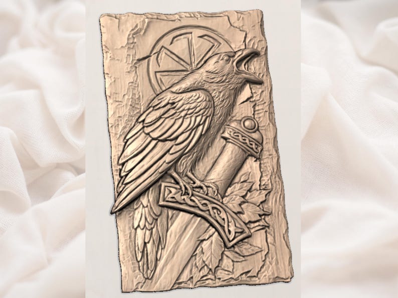 May include: A detailed relief carving of a raven perched on a sword, with a sun wheel symbol in the background. The artwork is in shades of brown and beige, with intricate details on the bird's feathers and the sword's hilt.