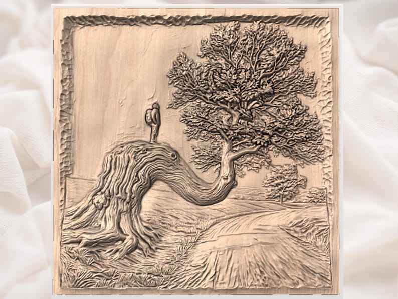 May include: A wooden relief carving depicting a tree with a winding trunk and a person standing on top. The carving also shows a road and other trees in the background. The artwork is in shades of brown.