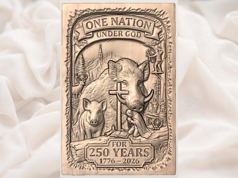 May include: A rectangular wooden plaque with carved relief art. The top banner reads "ONE NATION UNDER GOD." The central image features a boar, a piglet, a cross, and figures. The bottom reads "FOR 250 YEARS 1776-2026."