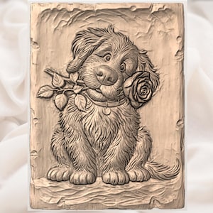 Cute Puppy with Rose Relief STL view 3