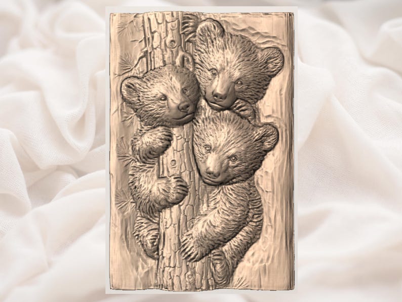 May include: A detailed relief carving of three bear cubs clinging to a tree trunk. The cubs are depicted with textured fur and expressive faces, showcasing a sense of warmth and closeness. The artwork is rendered in shades of brown.