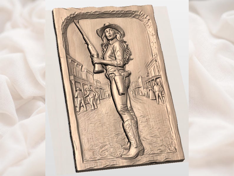 May include: A wooden relief carving depicting a cowgirl in a Western town. The cowgirl is holding a rifle and wearing a hat, boots, and a holster. The background shows a street with buildings and figures.