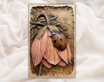 Ladybug Flower Relief STL | CNC Router 3D Carving Model | Blossom with Water Drops Wood Grain Bas Relief Panel | Garden Spring Wall Art