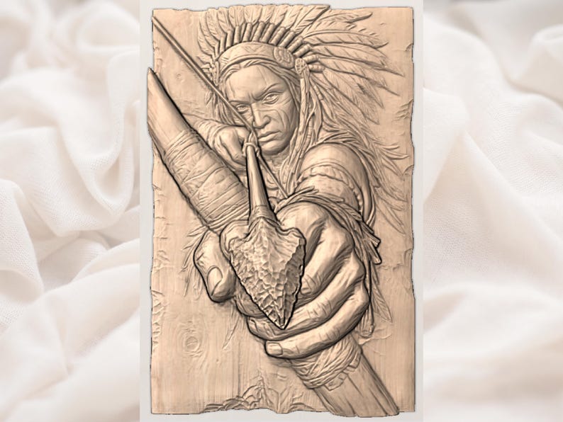 May include: A detailed wood carving depicts a Native American figure aiming a bow and arrow. The figure wears a feathered headdress and traditional clothing. The carving is in shades of brown, showcasing intricate details of the face, hands, and bow.