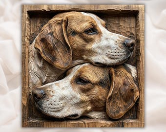 Double Hunting Dog Portrait 3D Relief STL | Wood Grain Carving Panel | CNC Router File, 3D Print & Laser Engraving  | Home Decor