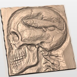 Always Thinking of Fishing Skull 3D Relief STL for CNC Router view 2