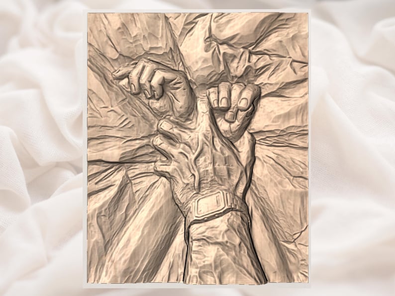 May include: A sepia-toned relief sculpture depicting two hands interacting. One hand is clenched in a fist, while the other is open, with fingers extended. A wristwatch is visible on the wrist of the clenched hand. The background is textured.