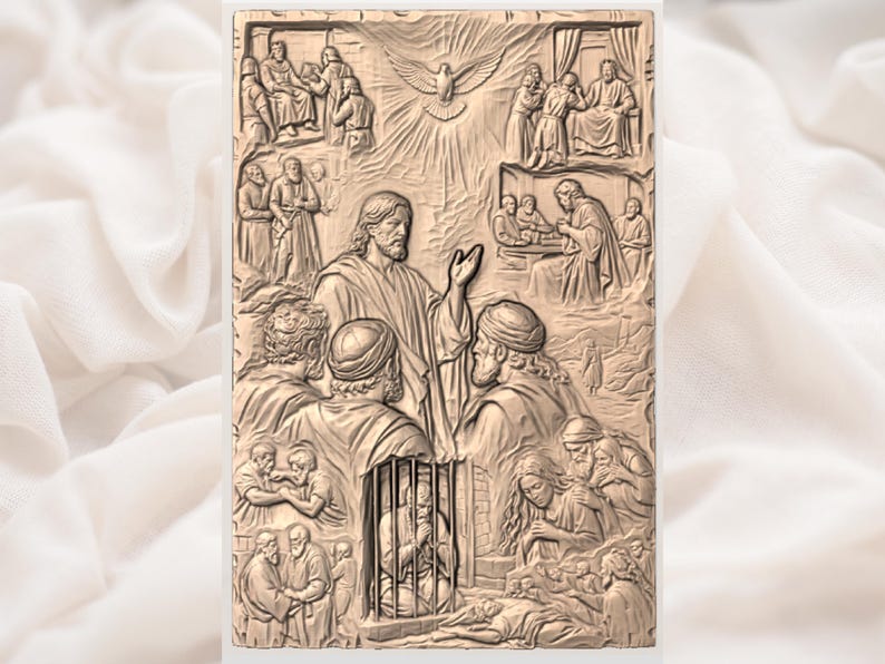 K&ouml;nnte beinhalten: Detaillierte, braune Reliefschnitzerei, die biblische Szenen darstellt. Das Kunstwerk zeigt Figuren in verschiedenen Posen, darunter eine zentrale Figur mit ausgestreckten Armen, umgeben von anderen. Eine Taube und Lichtstrahlen sind ebenfalls vorhanden.