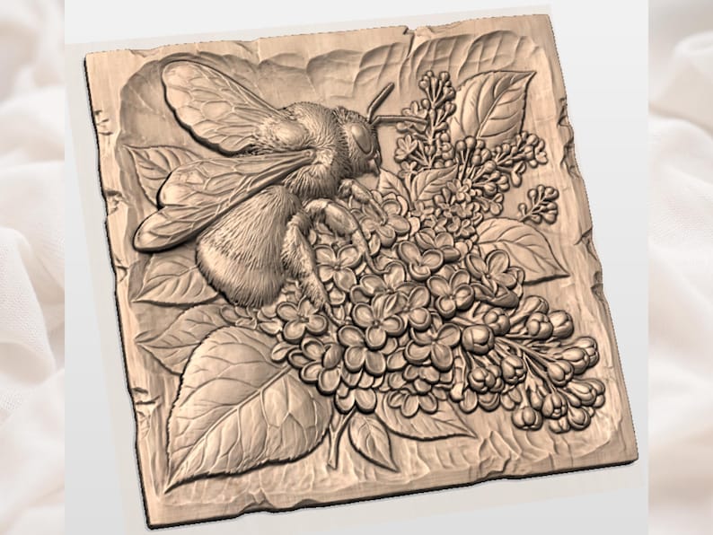 May include: A detailed relief carving of a bee on a square wooden plaque. The bee is positioned near a cluster of flowers and leaves. The carving is in shades of brown, showcasing the intricate details of the insect and floral elements.