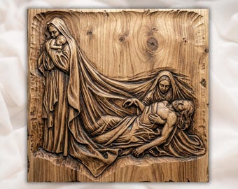 Pieta Mary Holding Jesus 3D Relief STL | Christian CNC Router Wood Carving Panel | Virgin Mary Bible Scene Bas-Relief| Christian Bas-Relief