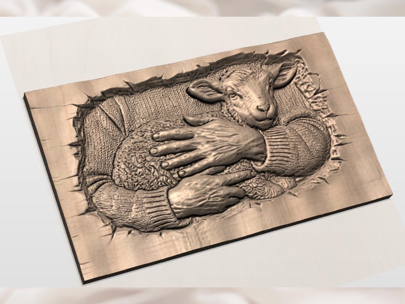 May include: A wooden relief carving depicts a sheep being embraced by a person. The sheep is nestled in the person's arms, with the person's hands and arms visible. The carving is in shades of brown and tan.