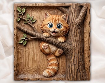 Adorable Ginger Kitten Playing On Tree Branch CNC Relief STL | Whimsical Cat Wall Art Design | Nursery Decor Wood Carving Pattern
