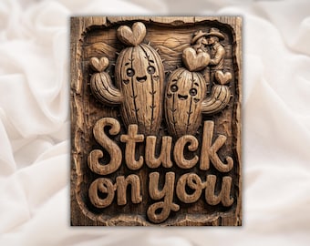 Stuck On You- Cactus Sign 3D Relief STL | Aspire, VCarve Pro, Carveco, Fusion 360, ArtCAM | Cute Valentines Western Love Decor Wall Art