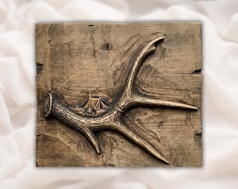 Hertengewei STL-reliëf | Rustieke jachtcabine 3D-carving CNC-router | Muurkunstpaneel gewei | Aspire, VCarve Pro, Carveco, Fusion, ArtCAM
