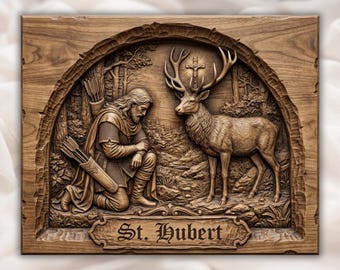 St Hubert Patron Saint Of Hunters CNC Relief STL | Religious Deer Hunting Wall Art | Christian Forest Scene Wood Carving Panel