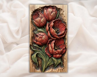 Red Tulip Bouquet STL | 3D Floral Relief CNC Carving File | Spring Flower Wall Art Panel | Hand Carved Wood Grain Style |  3D Print