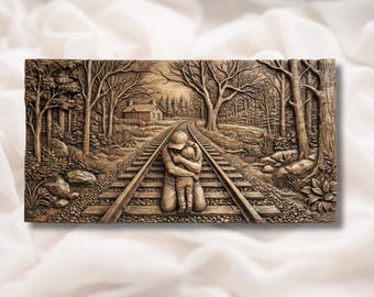 Dad & Child Hug 3D Relief STL | Emotional Railroad Tracks Scene Wall Art Panel | CNC Router 3D Print Laser Engrave File