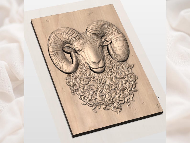 May include: A wooden relief carving of a ram's head. The ram has large, curved horns and a thick, curly beard. The carving is set on a rectangular wooden panel with a natural wood grain finish.