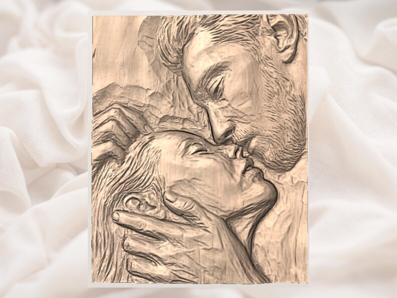 May include: A carved wooden relief depicting a man and a woman in an embrace, their faces close together. The man's hand gently touches the woman's face. The artwork is in shades of brown and beige, with detailed textures.