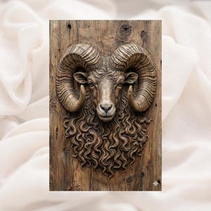 May include: A detailed, carved wooden plaque featuring a ram's head with large, curved horns and a thick, curly beard. The ram is centered on a rectangular wooden board with visible wood grain and knots, showcasing a rustic aesthetic.