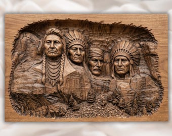 Native Chiefs Cliff Portrait STL |  Mount Rushmore Style Chiefs 3D Relief STL for CNC Router | Native American Sculpture Wood Carving Panel