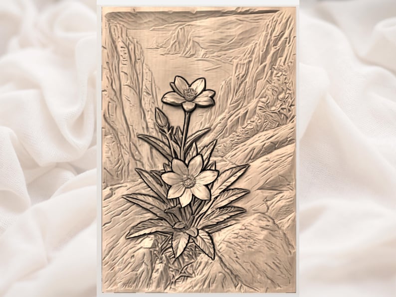 May include: A detailed relief carving of a flower arrangement with two large blooms and several leaves. The background depicts a mountainous landscape. The artwork is rendered in shades of brown and beige, creating a textured, three-dimensional effect.