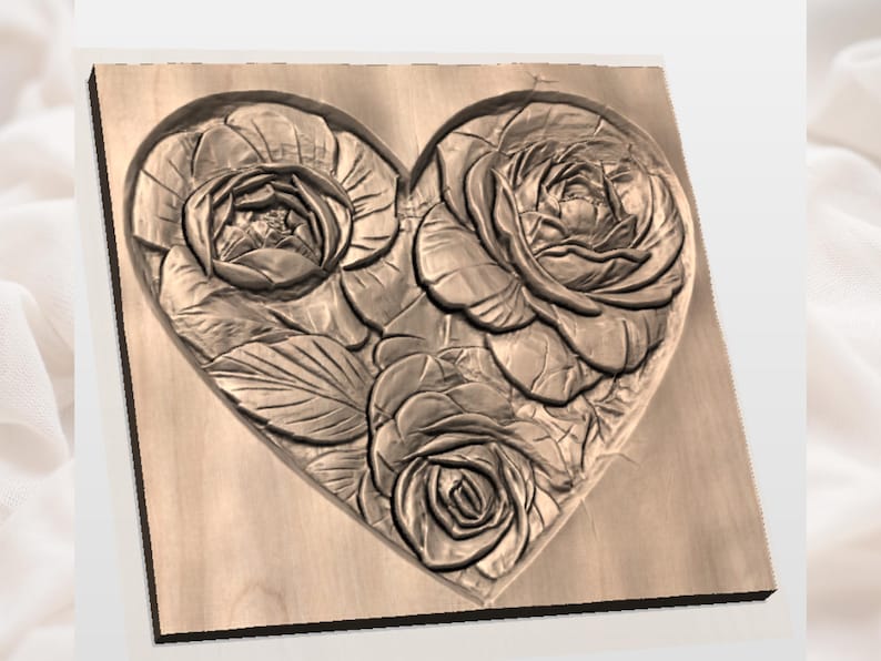 May include: A wooden plaque featuring a heart-shaped design with carved roses and leaves. The roses are in various stages of bloom, with detailed petals and textures. The plaque is made of light-colored wood.