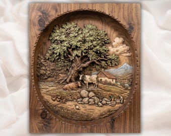Countryside Farm File | Oak Tree Carving | Rural Landscape Decor | Cottage Wall Artwork | Mountain Pastoral Scene | Wood Grain Relief