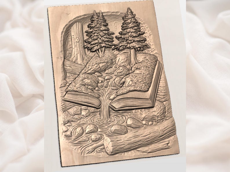May include: A wooden relief carving depicting a forest scene emerging from an open book. The artwork features trees, a waterfall, and a stream, all carved in intricate detail. The overall color is a warm, natural brown.