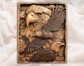 May include: A detailed wooden carving of three eagles. The central eagle has a focused gaze, while another is in mid-flight with outstretched wings. The third eagle is perched below. The artwork is framed with a textured border.