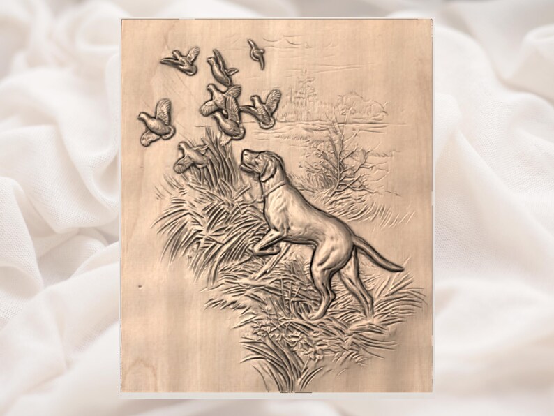 May include: A wooden relief carving depicting a hunting scene. A dog is in the foreground, with birds flying above. The background shows a landscape with trees and water. The carving is in shades of brown.