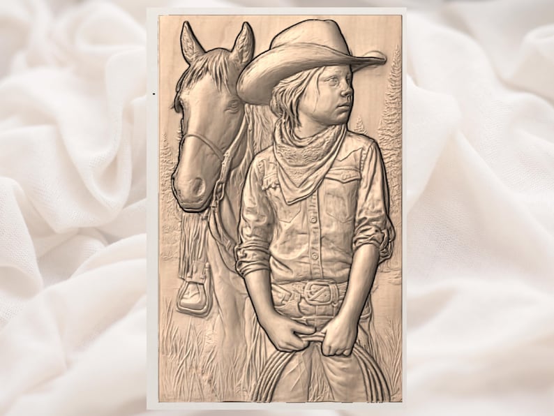 May include: A detailed wood carving depicts a young person in a cowboy hat and attire, standing beside a horse. The carving showcases the textures of the clothing, the horse's mane, and the surrounding landscape, creating a rustic, Western theme.