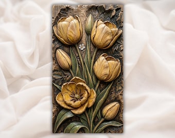 Archivo de tallado CNC en relieve 3D de flor de tulipán STL / Panel de arte mural botánico / Tallado en madera rústica con vetas de madera / Impresión 3D
