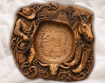 Western Cowboy Serving Platter STL | Horse Ranch CNC Relief | Cowboy Ranch Tray Wood Carving | Western Horse Gift | CNC Router 3D Stl File
