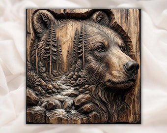 Bear Forest River 3D Relief STL | Wildlife Bear Portrait Mountain Stream Wall Art Panel | Rustic Cabin Lodge Decor