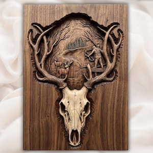 Deer Skull Antler Hunting Relief STL view 1